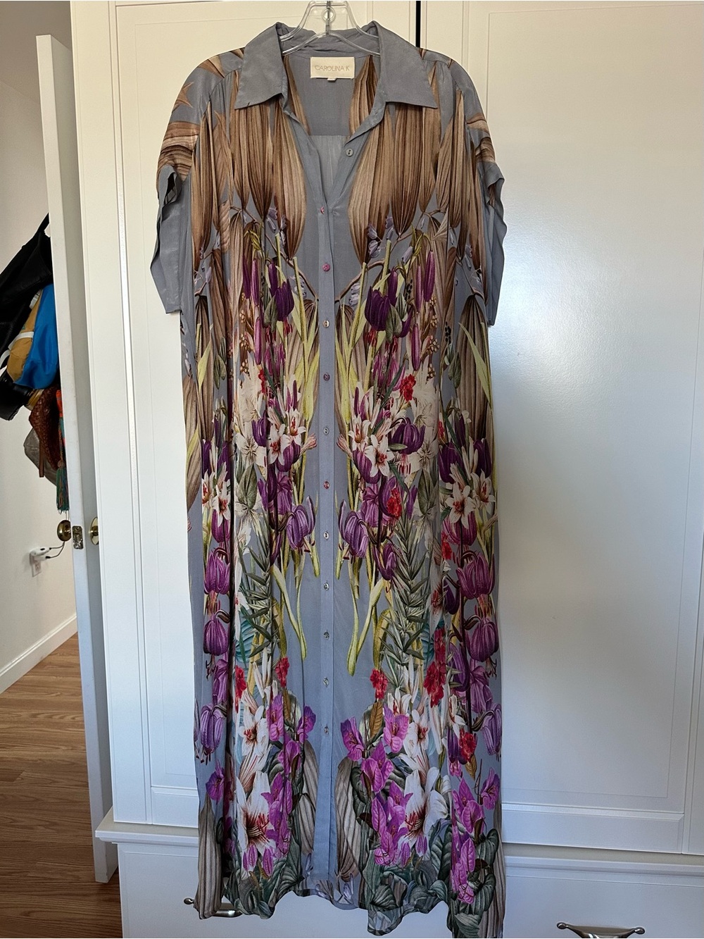 Button-Front Maxi Dress in Gray and Purple